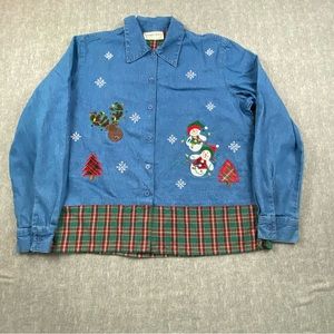 Lemon Grass Women's Blue Jean Button Up Long Sleeve Christmas Theme‎ Blouse  S